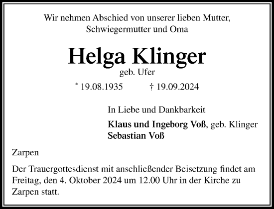 Traueranzeige von Helga Klinger von Stormaner Tageblatt