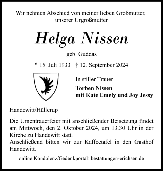 Traueranzeige von Helga Nissen von Flensburger Tageblatt