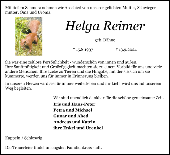 Traueranzeige von Helga Reimer von Schleswiger Nachrichten, Schlei-Bote