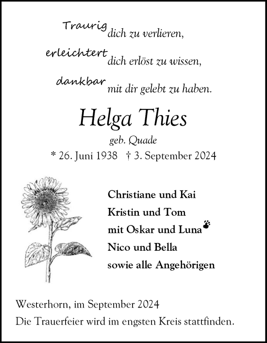 Traueranzeige von Helga Thies von Elmshorner Nachrichten, Barmstedter Zeitung
