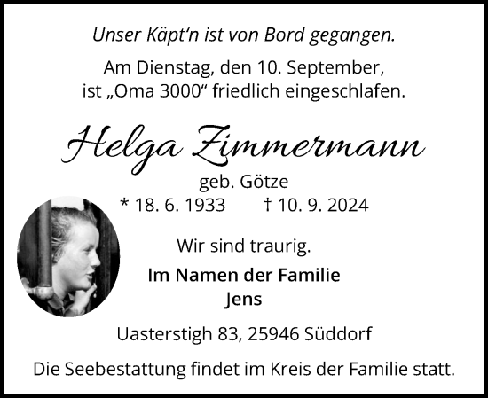 Traueranzeige von Helga Zimmermann von Region Westküste