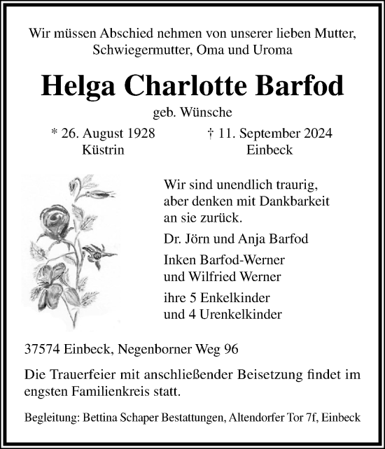 Traueranzeige von Helga Charlotte Barfod von Flensburger Tageblatt