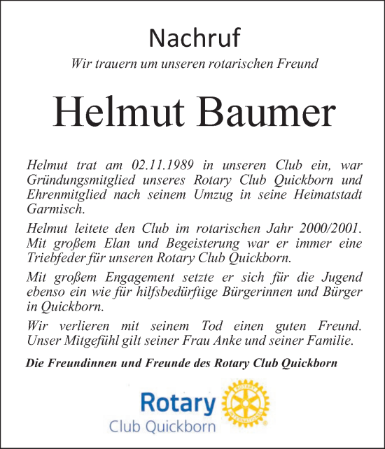Traueranzeige von Helmut Baumer von Region Pinneberg und tip Pinneberg