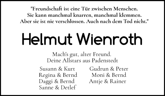 Traueranzeige von Helmut Wienroth von Holsteinischer Courier