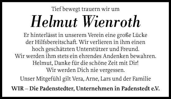 Traueranzeige von Helmut Wienroth von Holsteinischer Courier