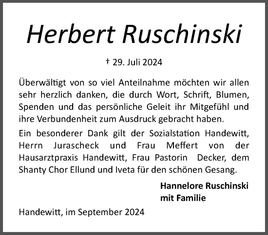 Traueranzeige von Herbert Ruschinski von Flensburger Tageblatt
