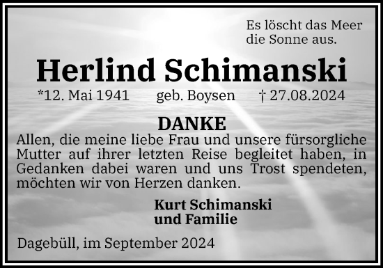 Traueranzeige von Herlind Schimanski von Husumer Nachrichten, Nordfriesland Tageblatt