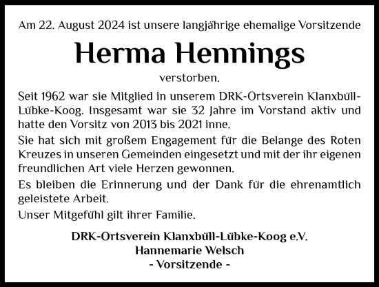Traueranzeige von Herma Hennings von Husumer Nachrichten, Nordfriesland Tageblatt