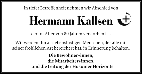 Traueranzeige von Hermann Kallsen von Husumer Nachrichten, Nordfriesland Tageblatt