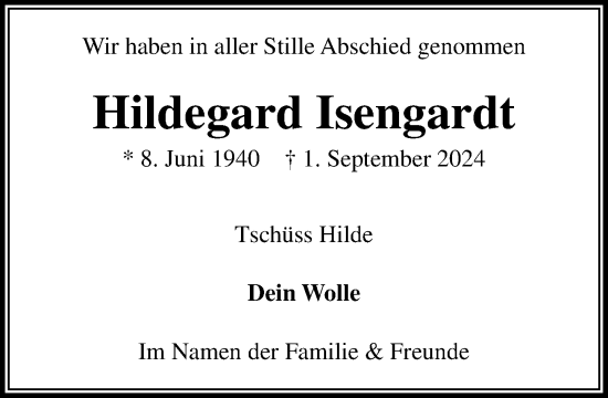 Traueranzeige von Hildegard Isengardt von Stormaner Tageblatt
