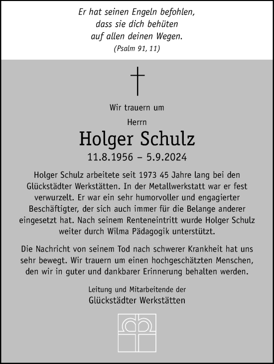 Traueranzeige von Holger Schulz von Norddeutsche Rundschau, Wilstersche Zeitung, Glückstädter Fortuna