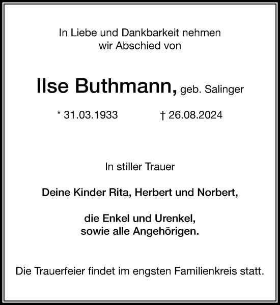 Traueranzeige von Ilse Buthmann von Stormaner Tageblatt