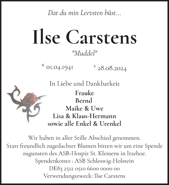 Traueranzeige von Ilse Carstens von Norddeutsche Rundschau, Wilstersche Zeitung, Glückstädter Fortuna