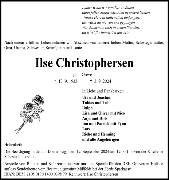 Traueranzeige von Ilse Christophersen von Eckernförder Zeitung