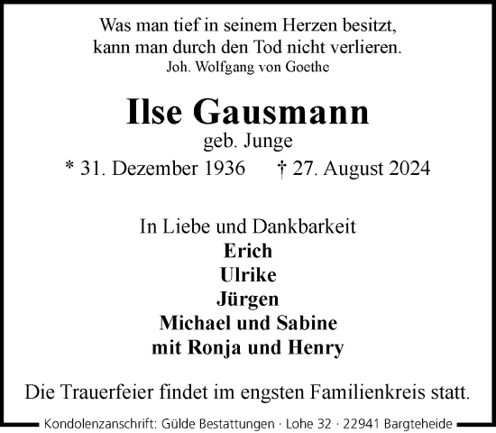 Traueranzeige von Ilse Gausmann von Stormaner Tageblatt