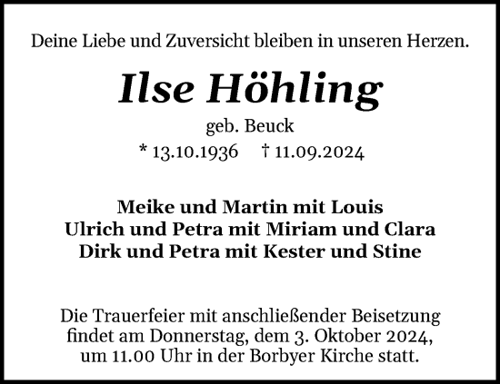 Traueranzeige von Ilse Höhling von Eckernförder Zeitung