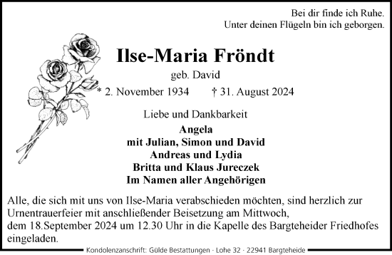 Traueranzeige von Ilse-Maria Fröndt von Stormaner Tageblatt
