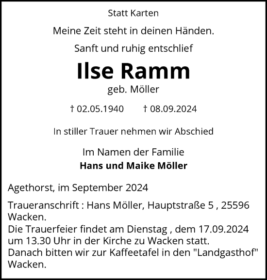 Traueranzeige von Ilse Ramm von Norddeutsche Rundschau, Wilstersche Zeitung, Glückstädter Fortuna