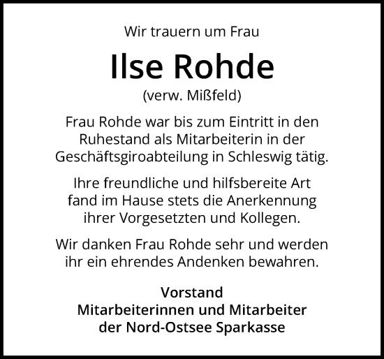 Traueranzeige von Ilse Rohde von Schleswiger Nachrichten, Schlei-Bote