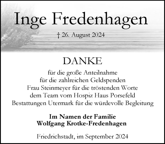 Traueranzeige von Inge Fredenhagen von Husumer Nachrichten, Nordfriesland Tageblatt