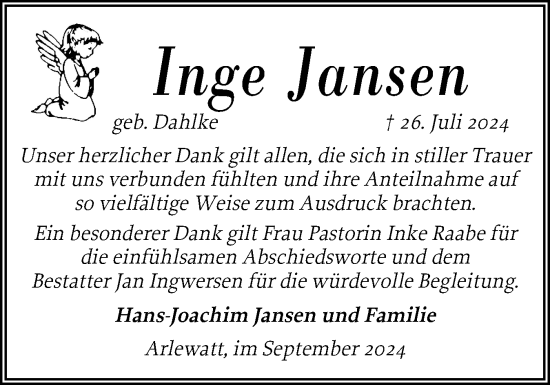 Traueranzeige von Inge Jansen von Husumer Nachrichten, Nordfriesland Tageblatt