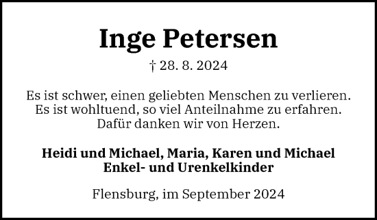 Traueranzeige von Inge Petersen von Region Flensburg