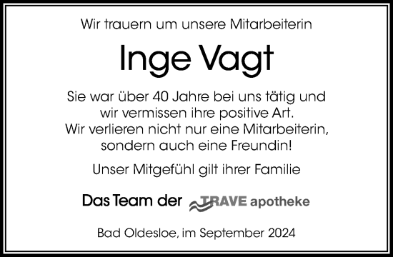 Traueranzeige von Inge Vagt von Stormaner Tageblatt