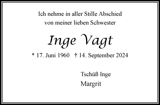 Traueranzeige von Inge Vagt von Stormaner Tageblatt