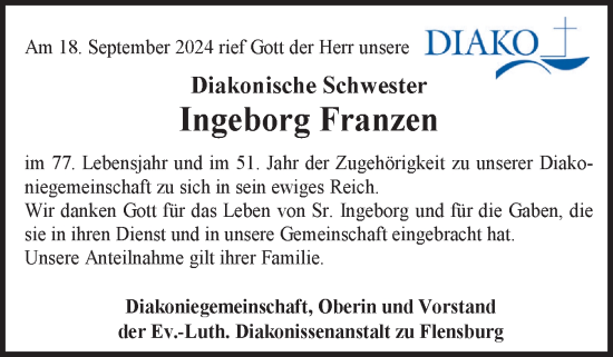 Traueranzeige von Ingeborg Franzen von Flensburger Tageblatt