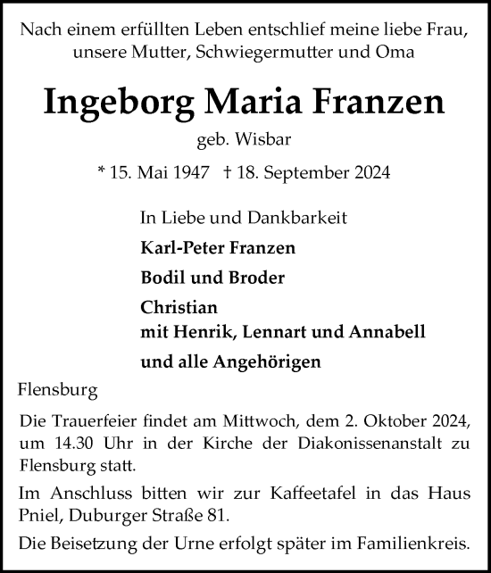 Traueranzeige von Ingeborg Maria Franzen von Flensburger Tageblatt