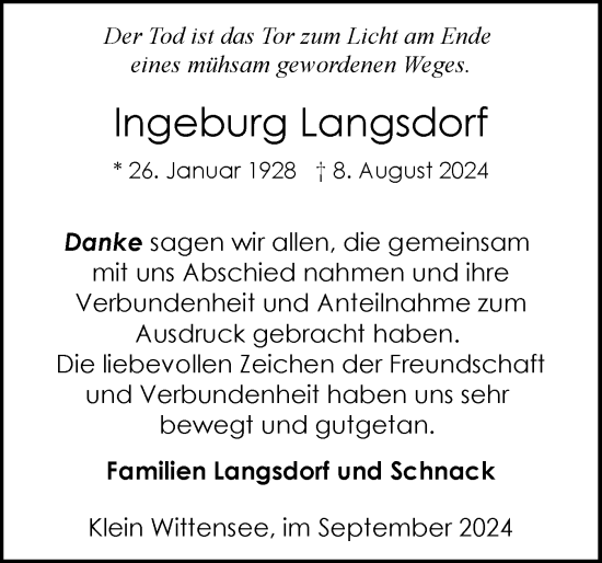 Traueranzeige von Ingeburg Langsdorf von Schleswig-Holsteinische Landeszeitung