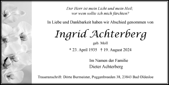 Traueranzeige von Ingrid Achterberg von Stormaner Tageblatt