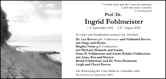 Traueranzeige von Ingrid Fohlmeister von Flensburger Tageblatt