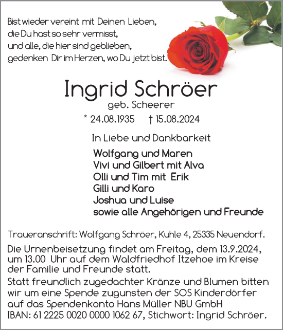 Traueranzeige von Ingrid Schröer von Norddeutsche Rundschau, Wilstersche Zeitung, Glückstädter Fortuna