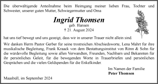 Traueranzeige von Ingrid Thomsen von Flensburger Tageblatt