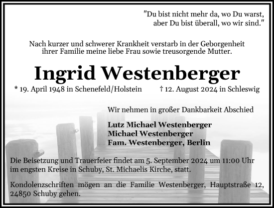 Traueranzeige von Ingrid Westenberger von Schleswiger Nachrichten, Schlei-Bote