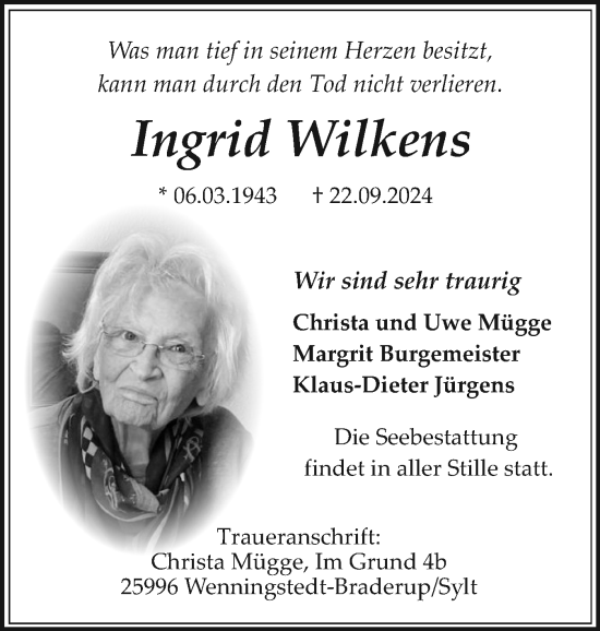 Traueranzeige von Ingrid Wilkens von Sylter Rundschau