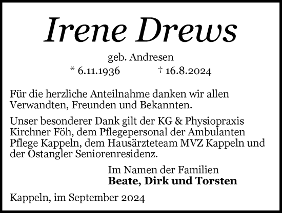 Traueranzeige von Irene Drews von Schleswiger Nachrichten, Schlei-Bote