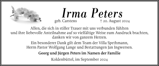 Traueranzeige von Irma Peters von Husumer Nachrichten, Nordfriesland Tageblatt