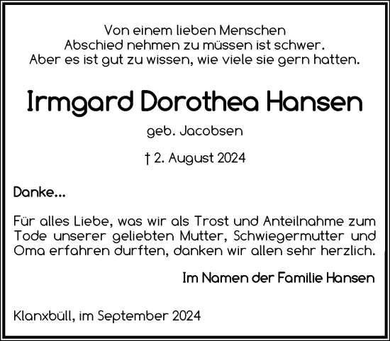 Traueranzeige von Irmgard Dorothea Hansen von Husumer Nachrichten, Nordfriesland Tageblatt