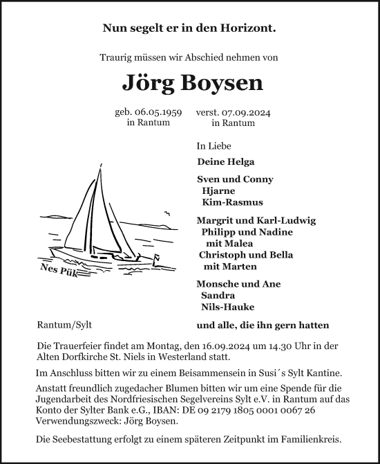 Traueranzeige von Jörg Boysen von Sylter Rundschau