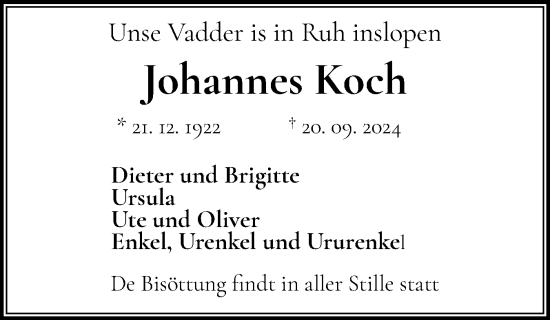 Traueranzeige von Johannes Koch von Husumer Nachrichten, Nordfriesland Tageblatt