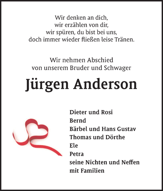 Traueranzeige von Jürgen Anderson von Eckernförder Zeitung, Hallo Eckernförde