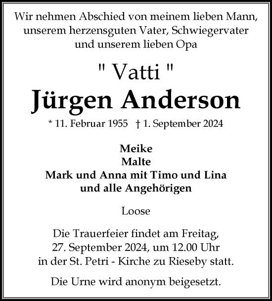 Traueranzeige von Jürgen Anderson von Eckernförder Zeitung, Hallo Eckernförde