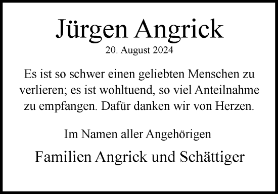 Traueranzeige von Jürgen Angrick von Uetersener Nachrichten, Der tip am Wochenende