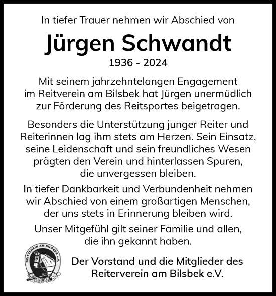 Traueranzeige von Jürgen Schwandt von Region Pinneberg und tip Pinneberg