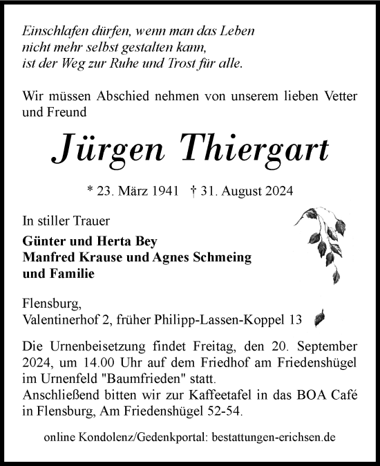 Traueranzeige von Jürgen Thiergart von Flensburger Tageblatt