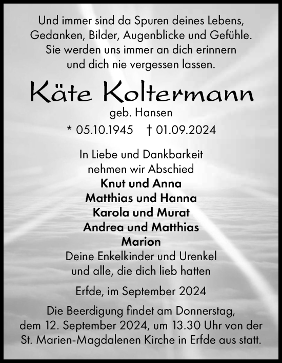 Traueranzeige von Käte Koltermann von Schleswig-Holsteinische Landeszeitung