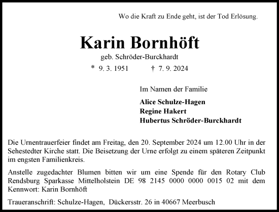 Traueranzeige von Karin Bornhöft von Schleswig-Holsteinische Landeszeitung