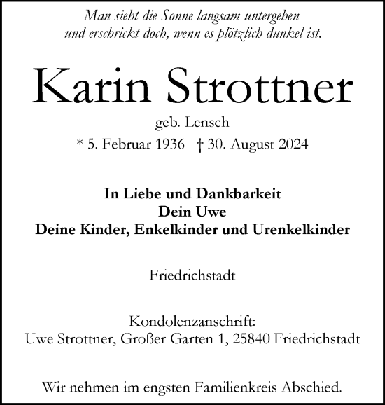 Traueranzeige von Karin Strottner von Husumer Nachrichten, Nordfriesland Tageblatt